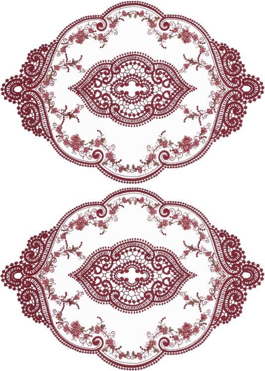 uxcell 2Pack Retro Lace Placemat 12x17-in Oval Embroidered Table Place Mats French Crochet Doilies Coasters Cup Mat for Home Wedding, Red