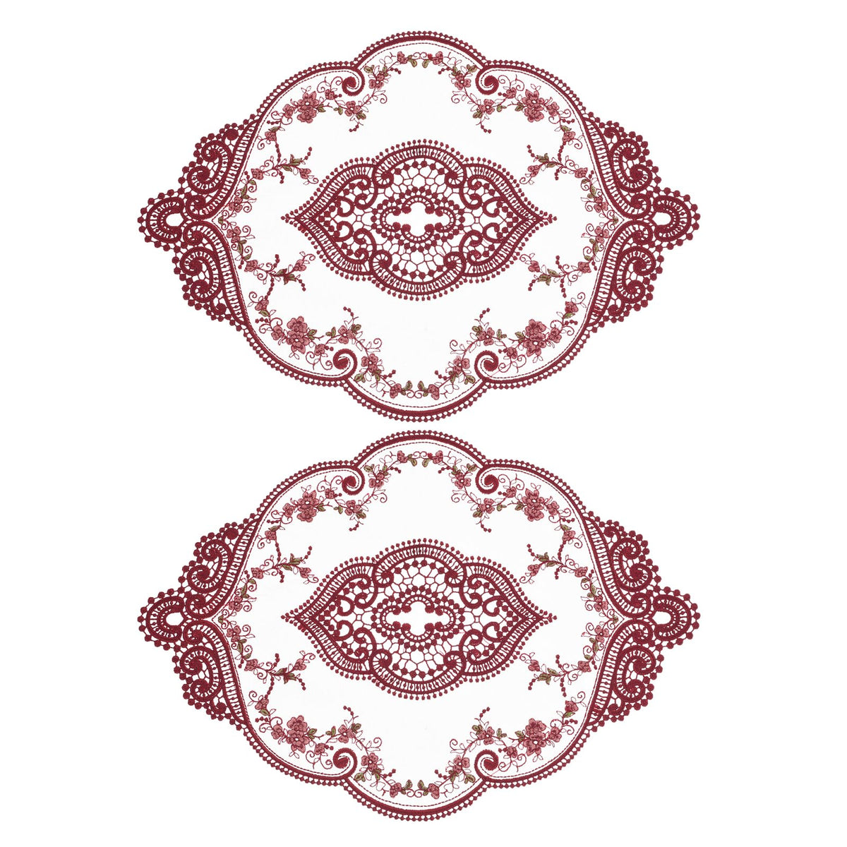 uxcell 2Pack Retro Lace Placemat 12x17-in Oval Embroidered Table Place Mats French Crochet Doilies Coasters Cup Mat for Home Wedding, Red