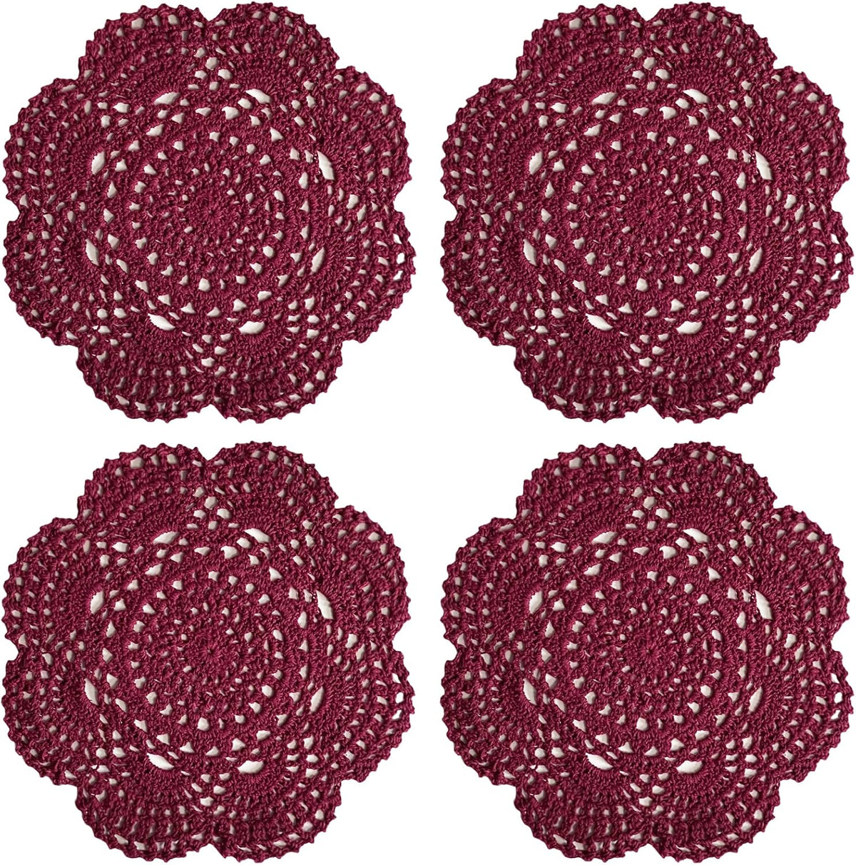Phantomon 8 Inch Doilies Crochet Round Lace Doily Handmade Placemats 100% Cotton Crocheted Coasters, Pack of 4 (Burgundy)