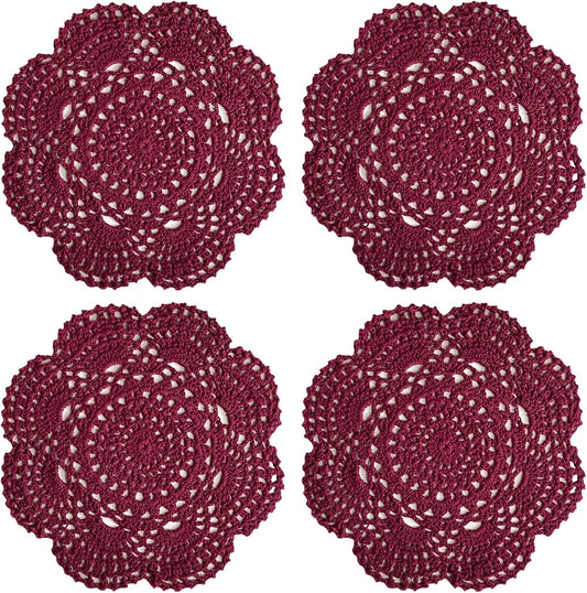 Phantomon 8 Inch Doilies Crochet Round Lace Doily Handmade Placemats 100% Cotton Crocheted Coasters, Pack of 4 (Burgundy)