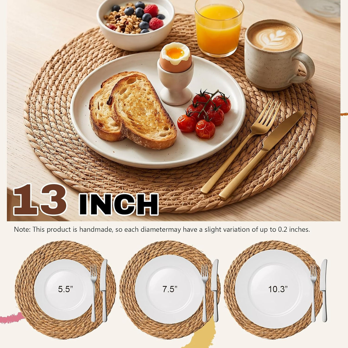 8 Pcs Woven Placemats - PAWFFEWE 13 in Round Natural Water Hyacinth Place Mats Coasters, Farmhouse Boho Straw Heat Resistant Outdoor Patio Rattan Wicker Table Mats for Dining Table,Home,Wedding