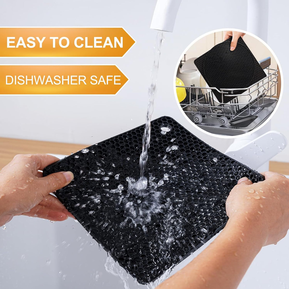 4 PCS Silicone Trivets for Hot Pots and Pans, Hot Dishers, Heat Resistant Pot Holders for Kitchen, Multipurpose Non-Slip Hot Pads Mats Coasters for Kitchen Countertop Protector, Table, Black