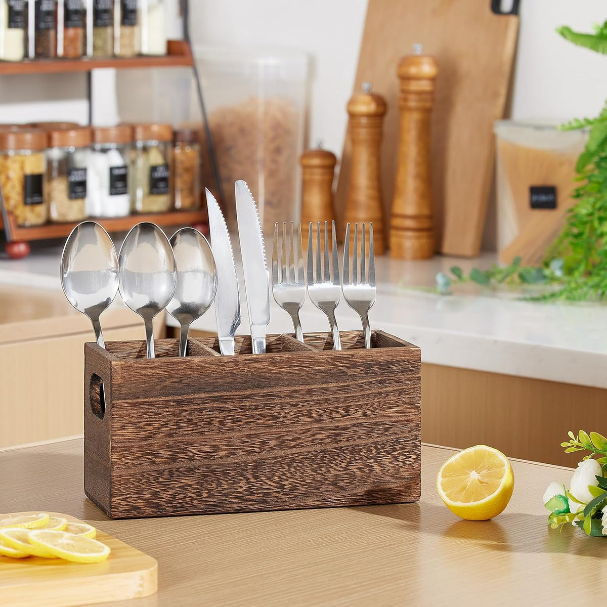Wooden Utensil Holder Organizer for countertop, 3 Compartment Cutlery Caddy