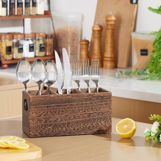 Wooden Utensil Holder Organizer for countertop, 3 Compartment Cutlery Caddy