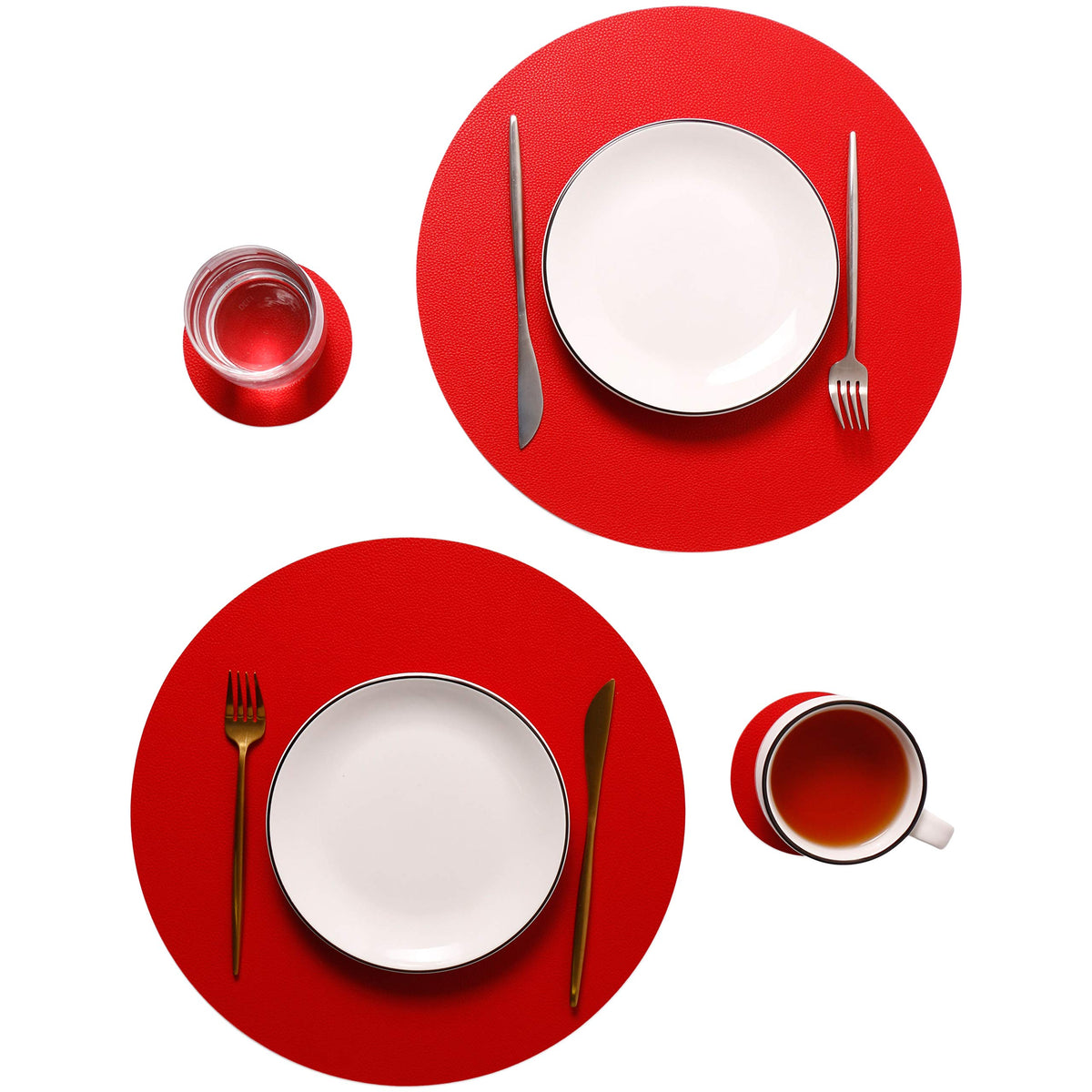 Wipeable Placemats and Coasters Leather Table Mats Waterproof Heat-Resistant Easy to Clean for Dining Table Set Kitchen Table Set of 6, Red