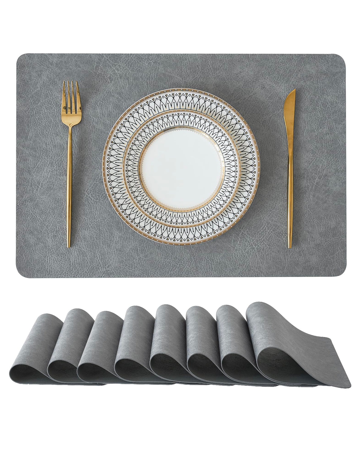 Reversible Faux Leather Placemats and Coasters Set of 4, 12x17 Inch – Hotel-Quality Heat Resistant & Waterproof Wipeable Table Mats, Non-Slip for Dining Kitchen (Mist Blue)