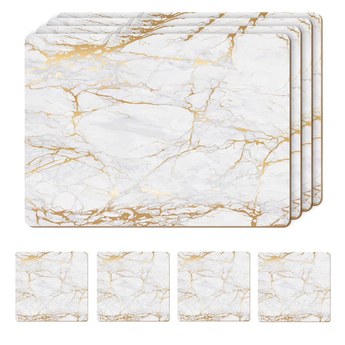 Set of 4 Heat Resistant Cork Placemats for Dining Table with Free Set of 4 Matching Drink Coasters Marble Design 16 x 12 Inches Cork Backed Hard Placemats (Black & Gold)