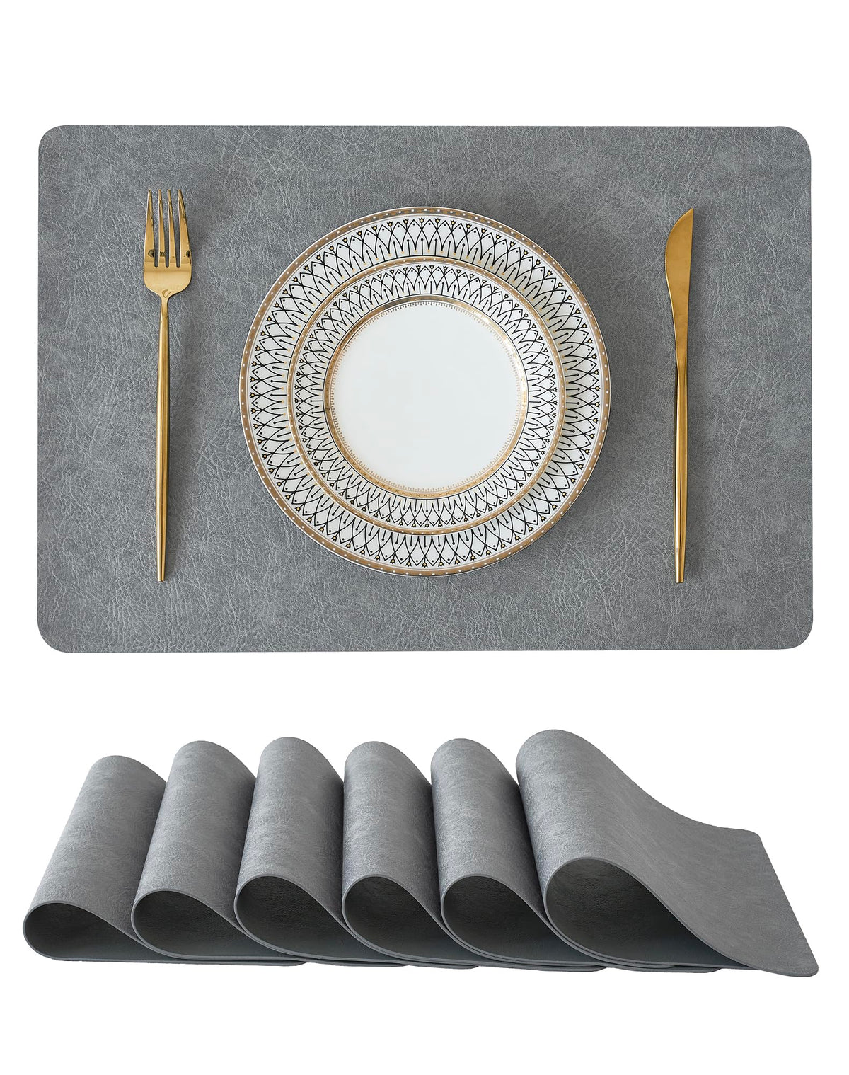 Reversible Faux Leather Placemats and Coasters Set of 4, 12x17 Inch – Hotel-Quality Heat Resistant & Waterproof Wipeable Table Mats, Non-Slip for Dining Kitchen (Mist Blue)