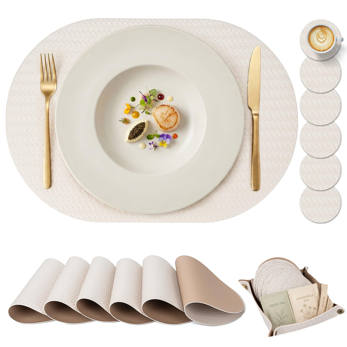 Woven Faux Leather Oval Placemats Set of 4/6 with Coasters & Tray, Heat Resistant, Non-Slip, Washable Dining Table Mats