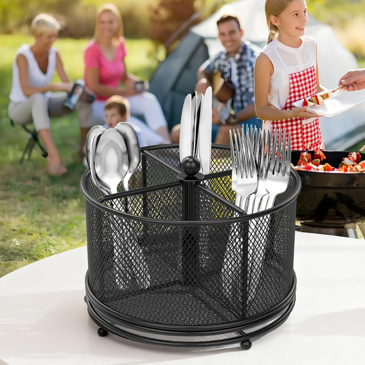 360° Rotating Metal Utensil Caddy, 4 Compartment Silverware Cutlery Holder