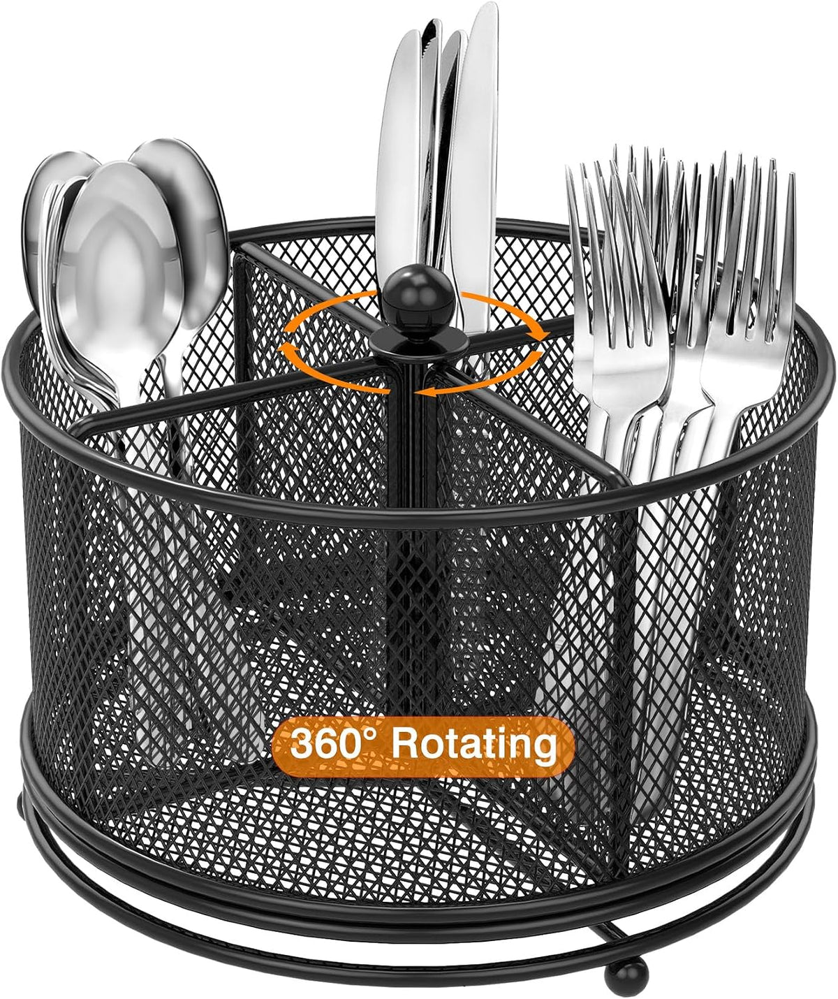 360° Rotating Metal Utensil Caddy, 4 Compartment Silverware Cutlery Holder