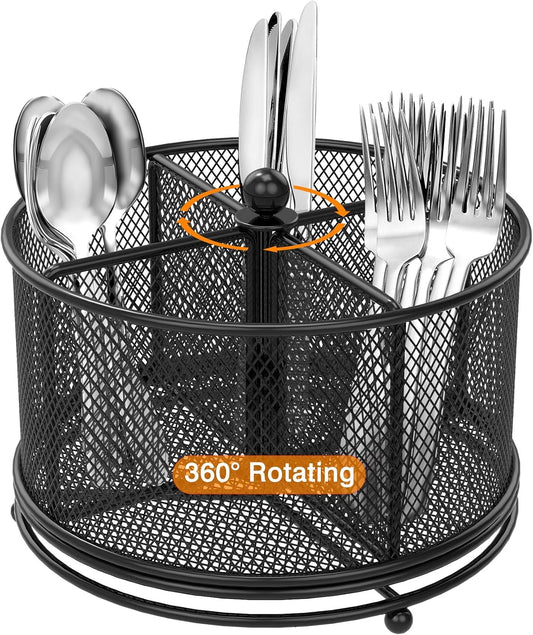 360° Rotating Metal Utensil Caddy, 4 Compartment Silverware Cutlery Holder