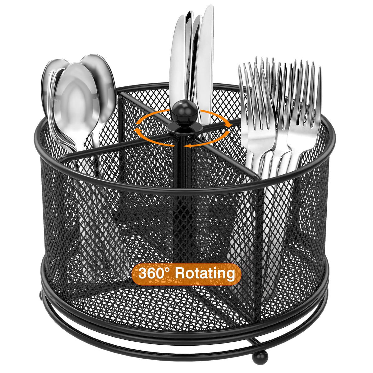 360° Rotating Metal Utensil Caddy, 4 Compartment Silverware Cutlery Holder