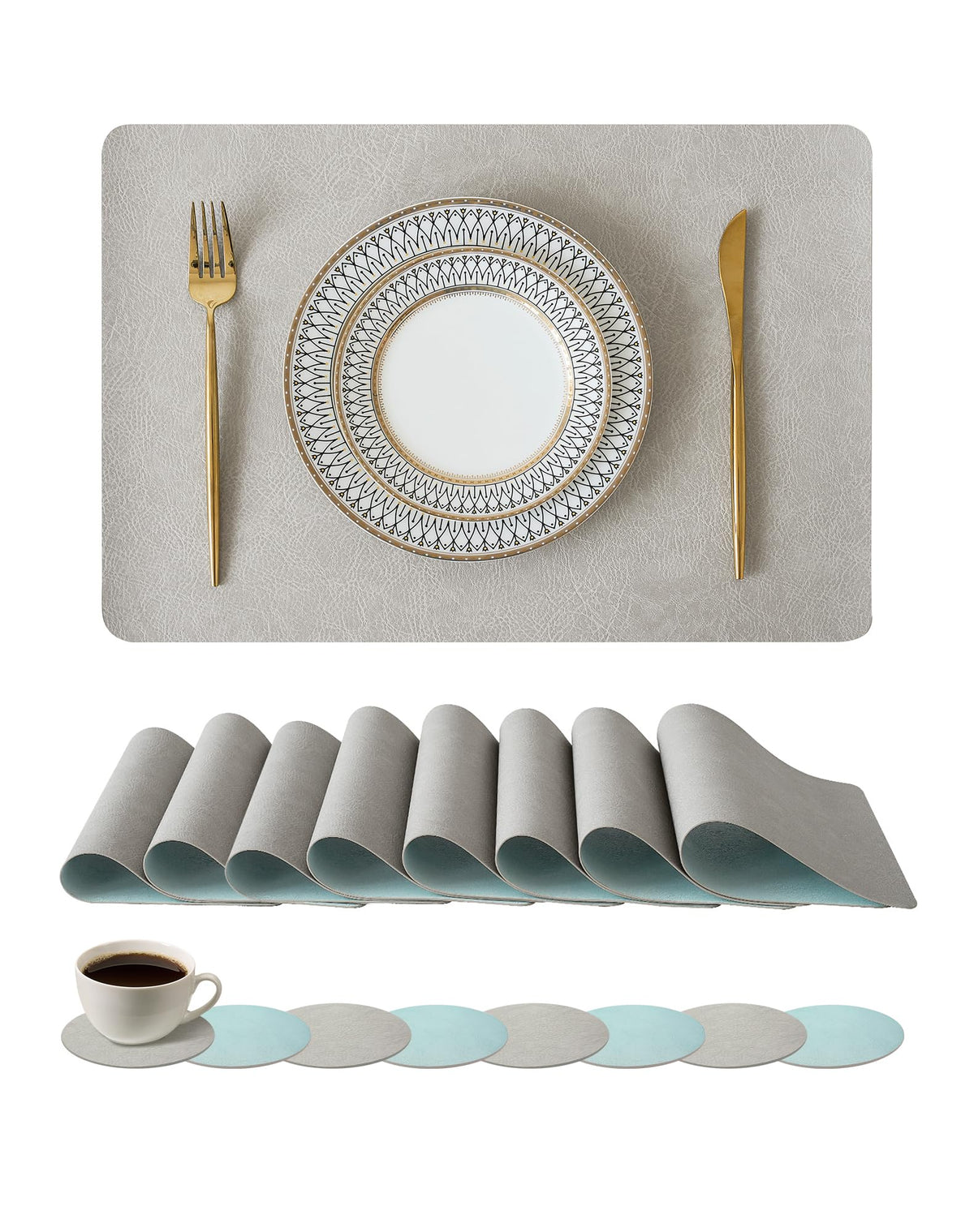 Reversible Faux Leather Placemats and Coasters Set of 4, 12x17 Inch – Hotel-Quality Heat Resistant & Waterproof Wipeable Table Mats, Non-Slip for Dining Kitchen (Mist Blue)