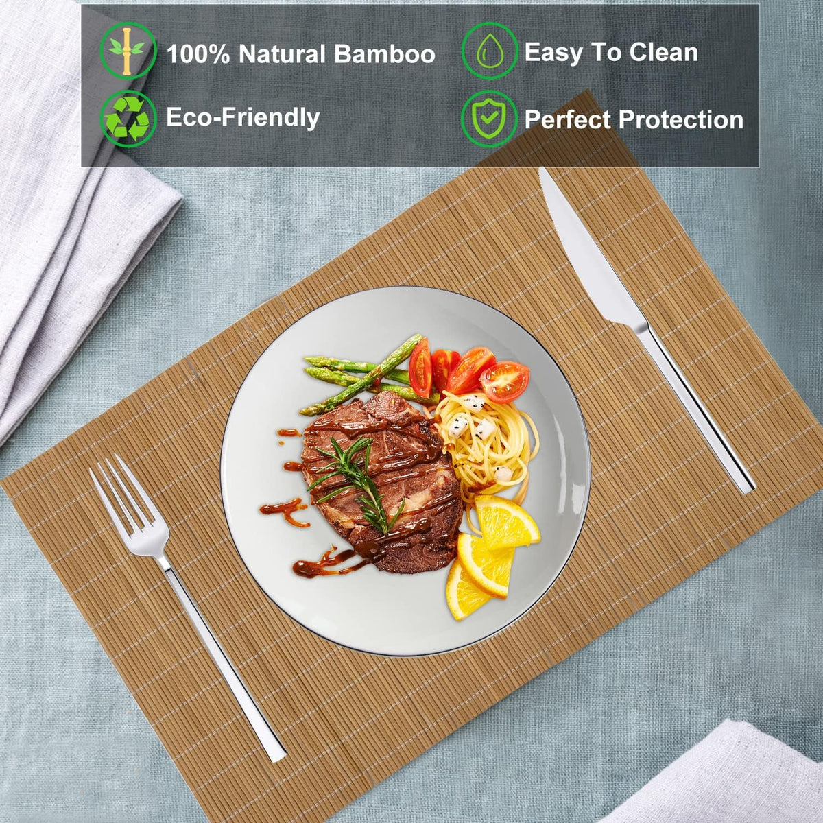 Non-Slip Bamboo Placemats Set of 6, 17.7x11.8 Inch - Heat Resistant & Easy-Clean, Natural Woven Table Mats for Daily Dining, Family Meals or Home Decor (Brown)