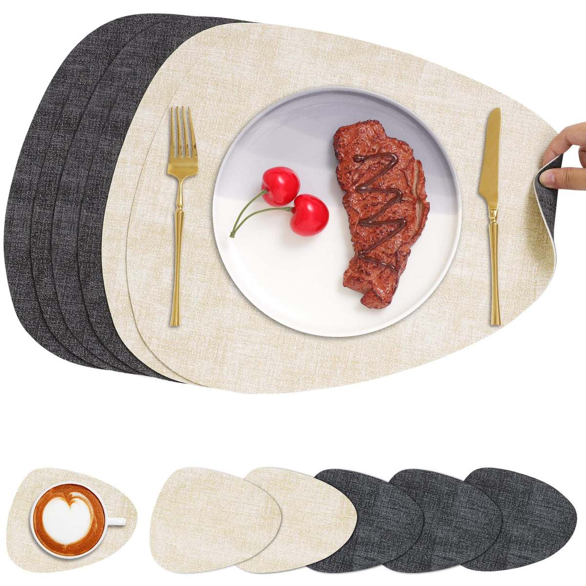Faux Leather Placemats Set of 4, Dual Sided with Drink Coasters