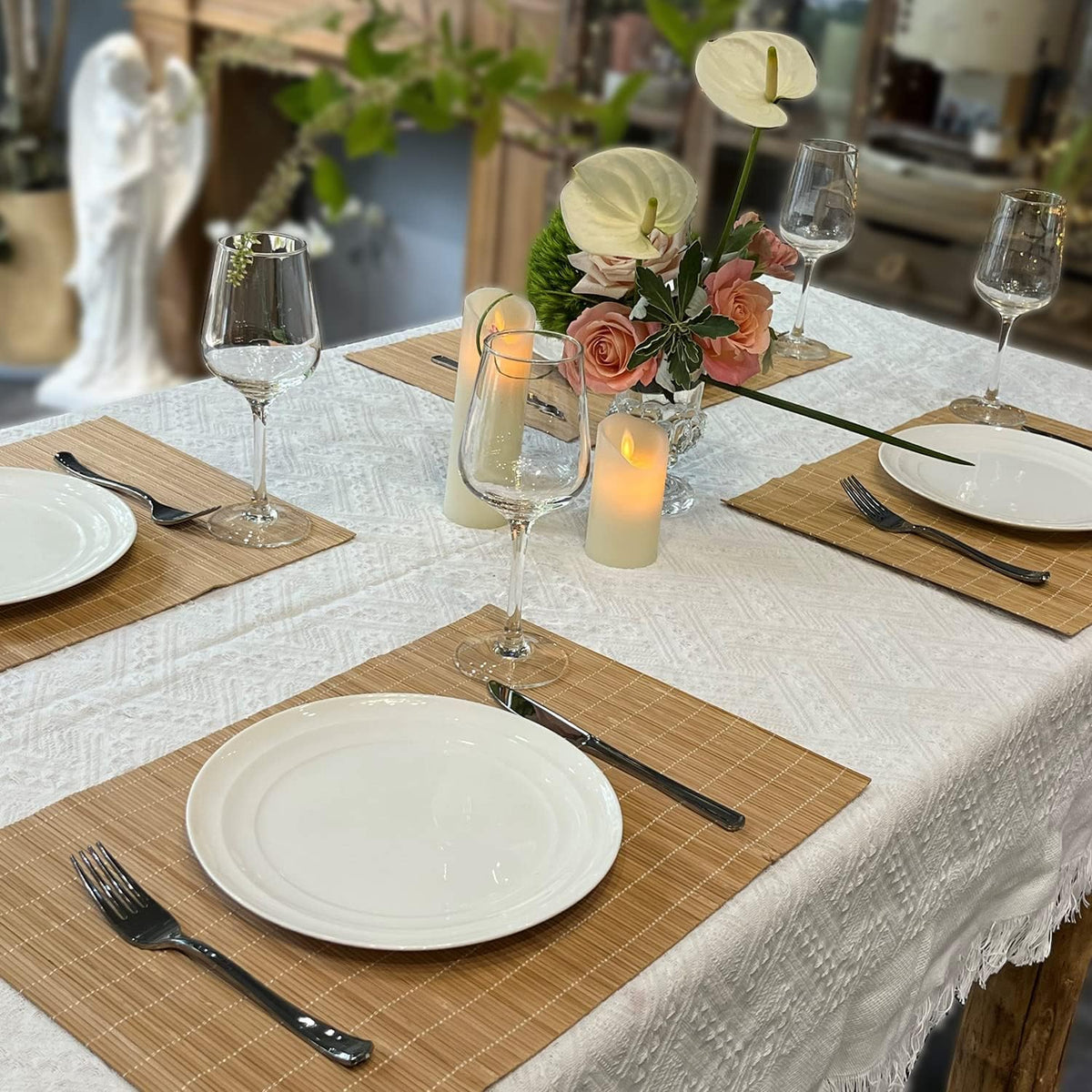 Non-Slip Bamboo Placemats Set of 6, 17.7x11.8 Inch - Heat Resistant & Easy-Clean, Natural Woven Table Mats for Daily Dining, Family Meals or Home Decor (Brown)