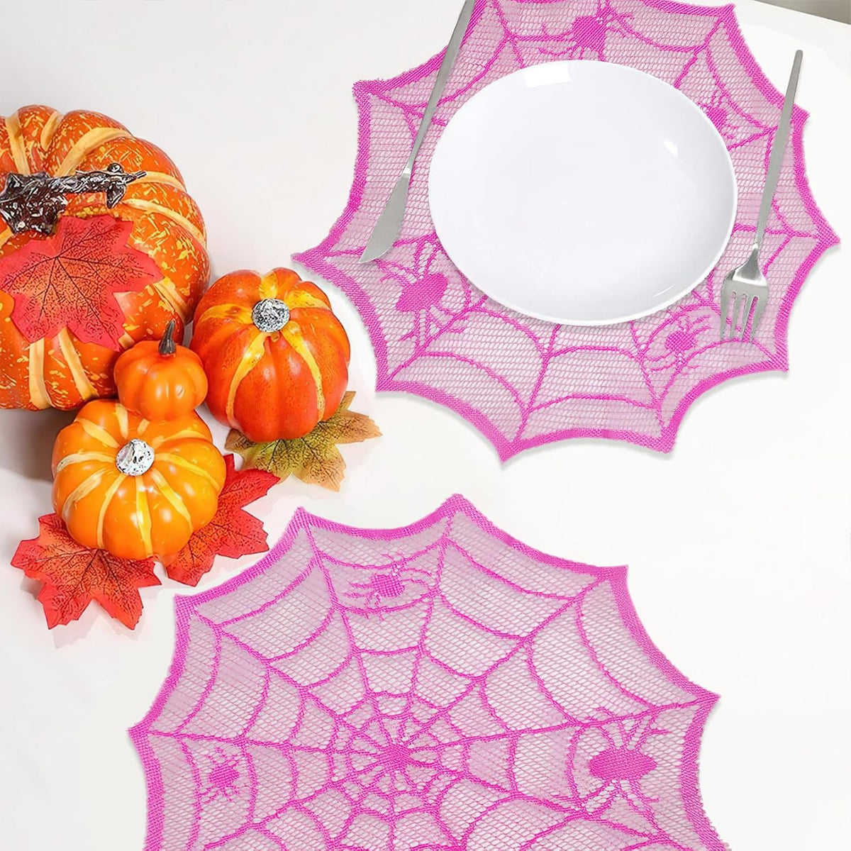 Halloween Spider Web Placemats Purple Lace Spider Web Heat Insulation Table Mats Placemat for Halloween Family Party Dining Table Decoration Supplies (4 Pcs)