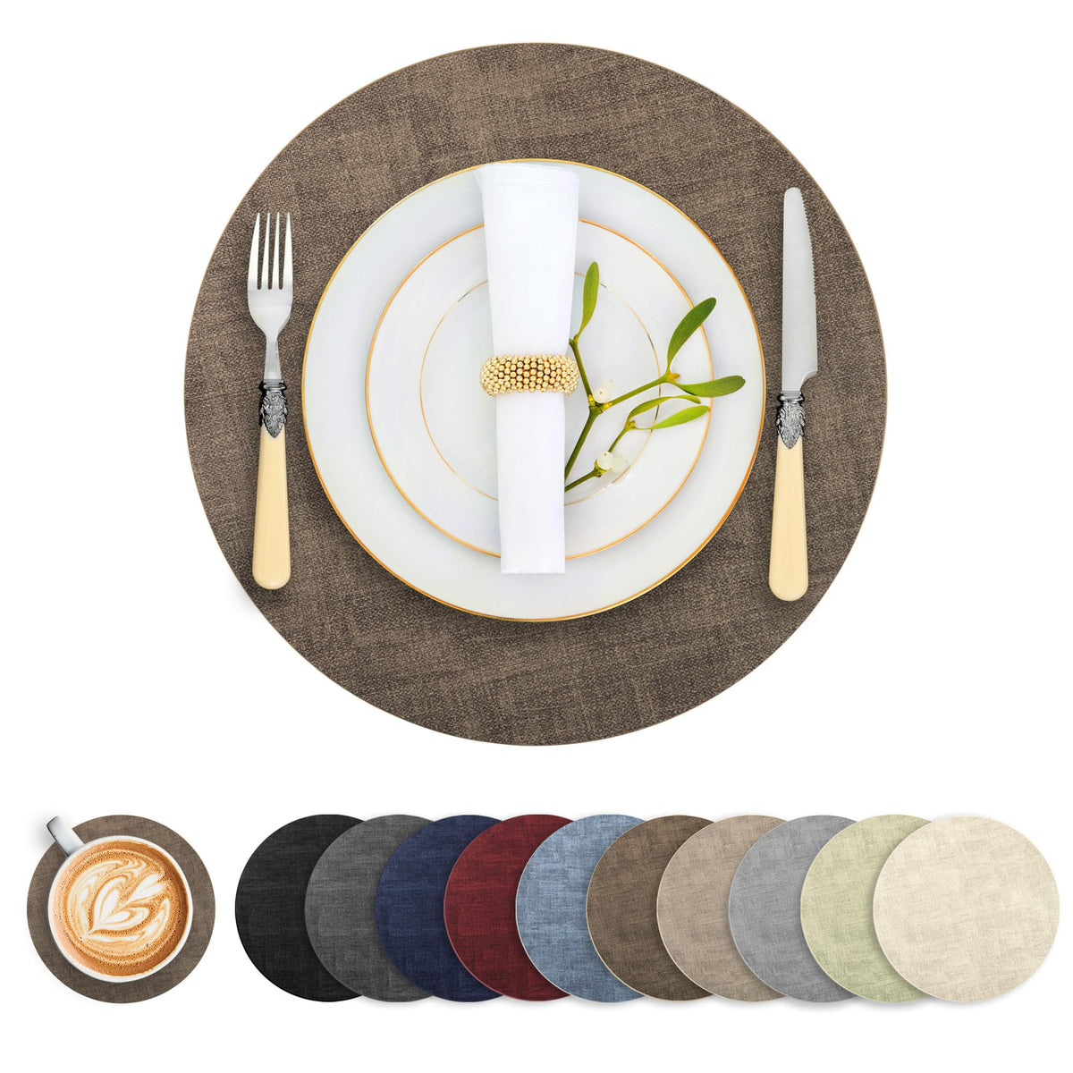 Round Faux Leather Placemats and Coasters, Set of 6, Reversible Heat Resistant Non-Slip Table Mats, Waterproof Wipeable Place Mats for Dining Table, Washable for Indoor & Outdoor (6, Beige)