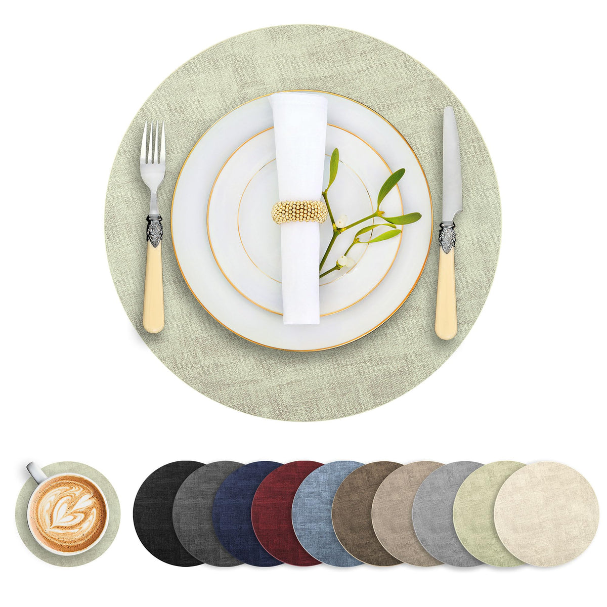 Round Faux Leather Placemats and Coasters, Set of 6, Reversible Heat Resistant Non-Slip Table Mats, Waterproof Wipeable Place Mats for Dining Table, Washable for Indoor & Outdoor (6, Beige)