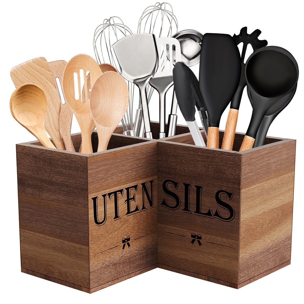 Suli Extra Large Utensil Holder Countertop for Kitchen Counter,Wood,Black