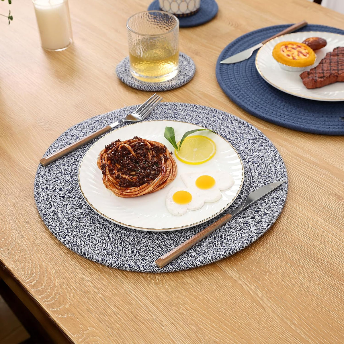 SHACOS Cotton Rope Woven Round Placemats Set of 6 with Coasters, 13 Inch