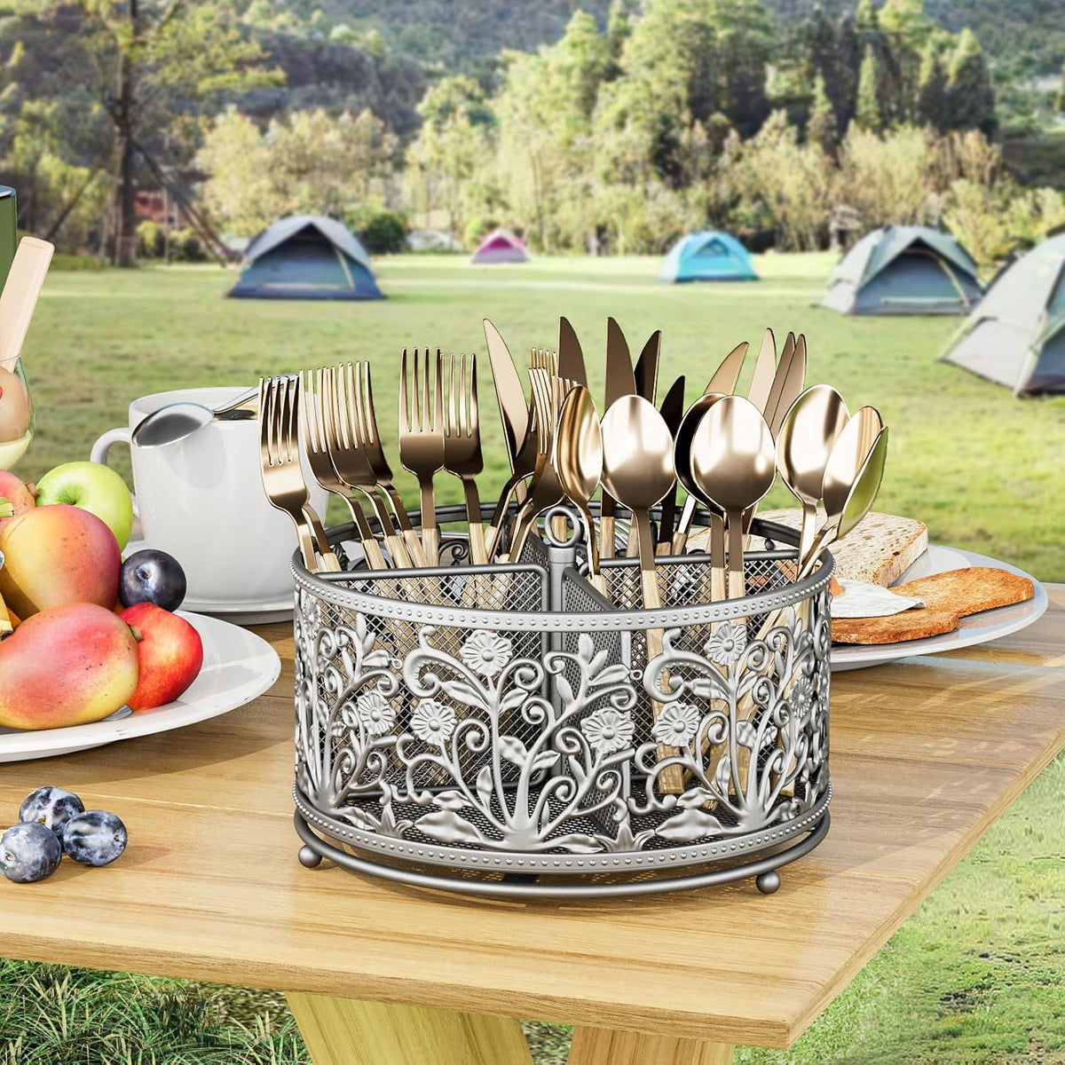 YIUKEA 360° Rotating Flatware Caddy - 4 Compartments Metal Mesh