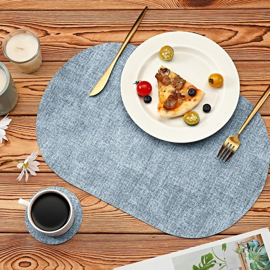 Oval Table Mats Set of 6, Faux Leather Placemats, Heat Resistant & Waterproof(Blue)