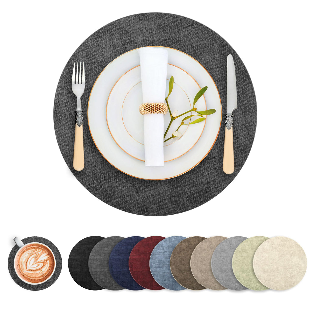 Round Faux Leather Placemats and Coasters, Set of 6, Reversible Heat Resistant Non-Slip Table Mats, Waterproof Wipeable Place Mats for Dining Table, Washable for Indoor & Outdoor (6, Beige)