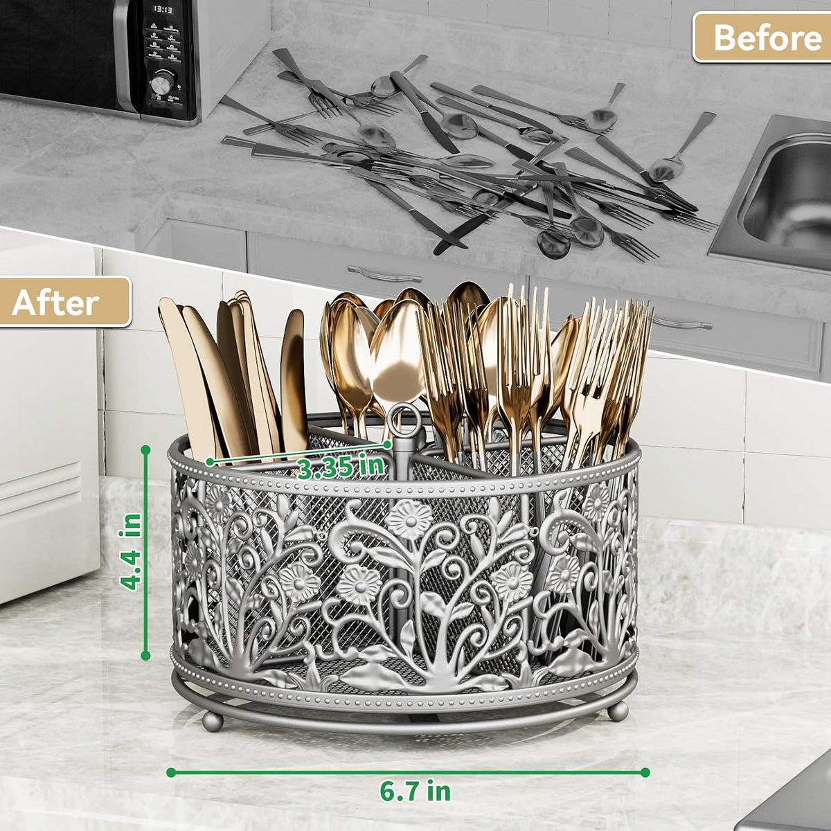 YIUKEA 360° Rotating Flatware Caddy - 4 Compartments Metal Mesh