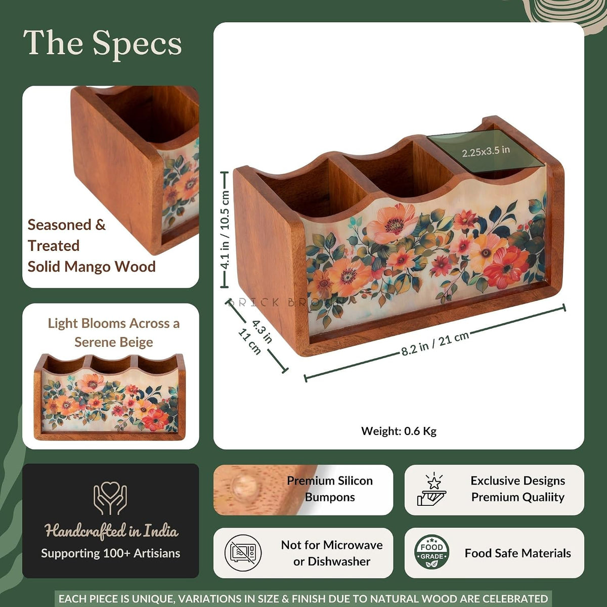 Brick Brown ® Premium Wooden Pastel Flora Cutlery Holder Spoon stand for kitchen | cutlery holder for dining table | wooden caddy storage organiser stand with 3 section Caddy holder (8.2x4.2x4 inch)