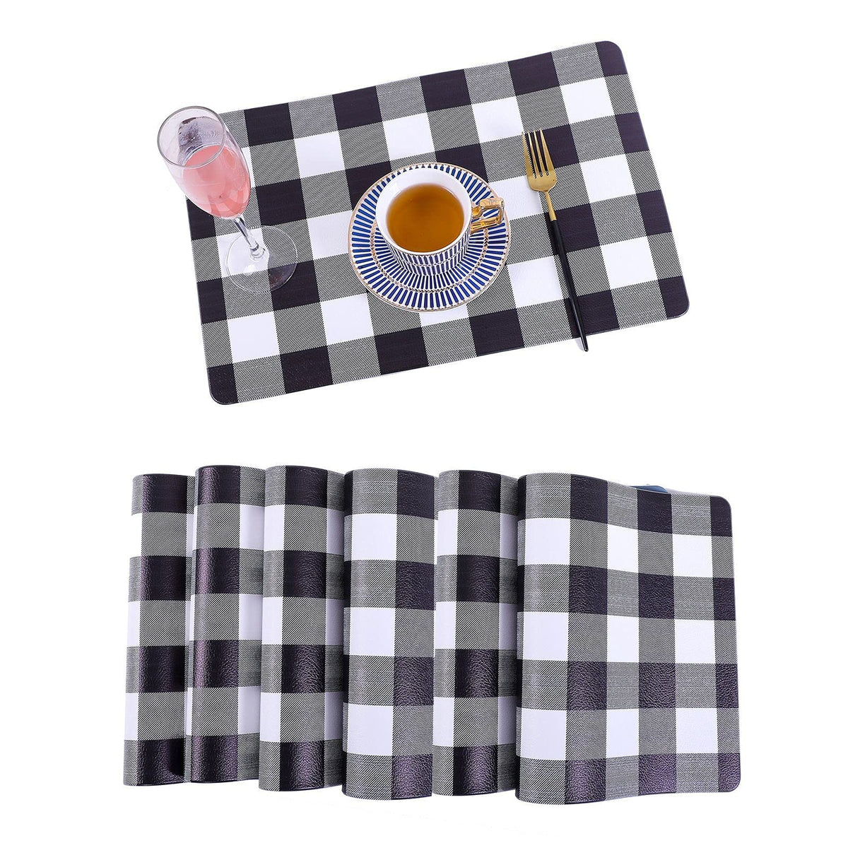 Black Placemats Indoor Set 6,Faux Leather Table Mat Waterproof