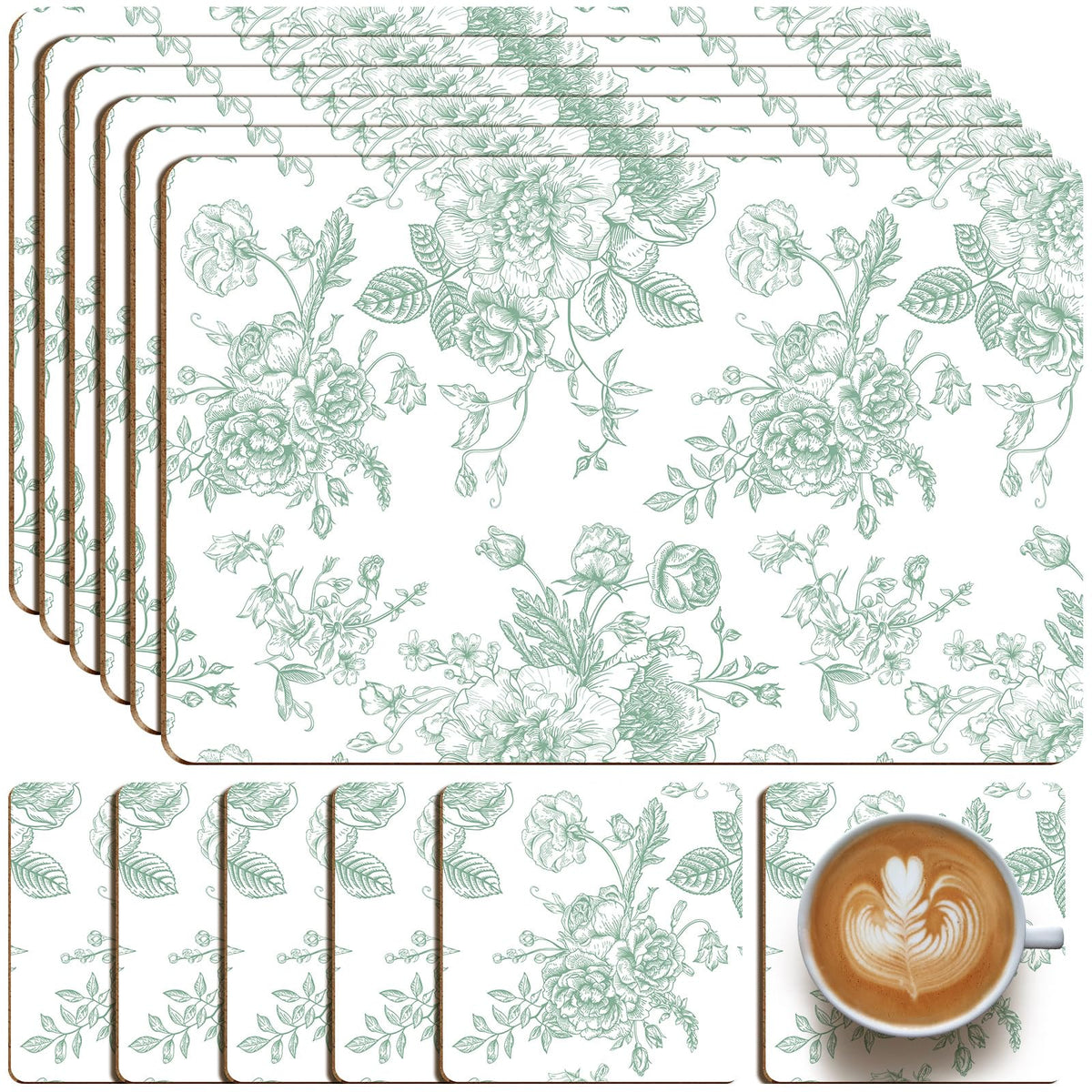 6 Sets Blue and White Floral Cork Placemats with 6 Coasters, 16x12 Inches Heat Resistant Cork Backed Table Mats, Square Coasters for Rustic Kitchen Dinner Table Setting Supplies