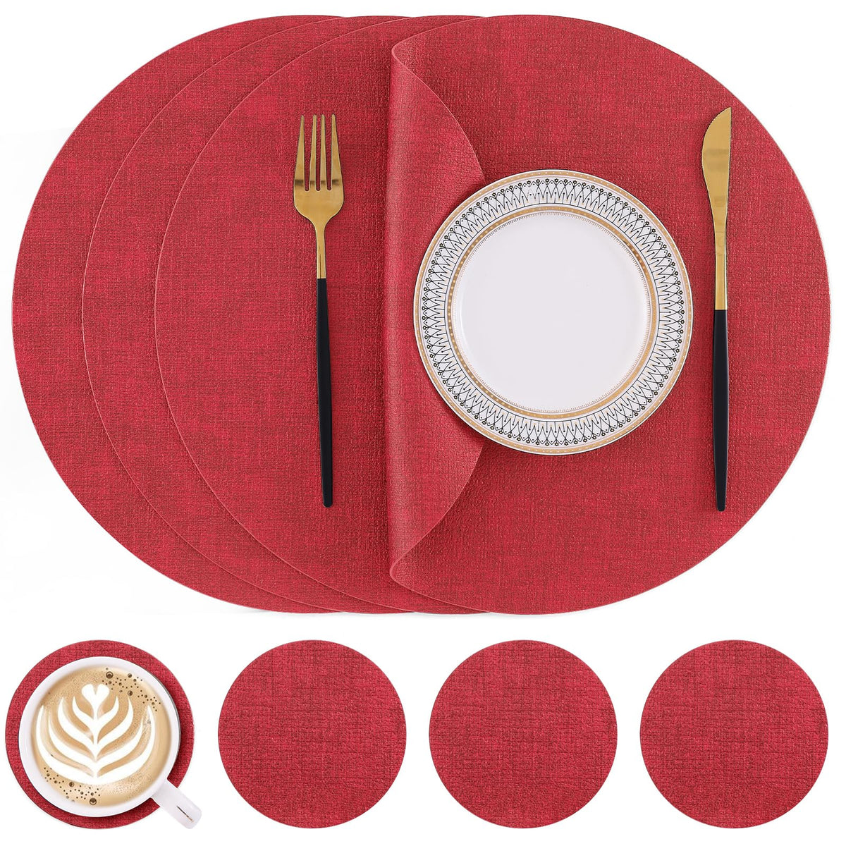 Homaxy Round Faux Leather Placemats and Coasters, Set of 6, Beige