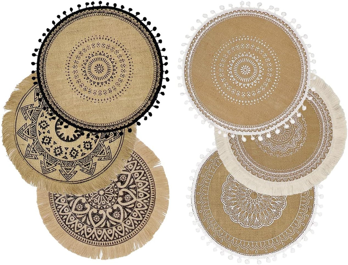 Round Placemats Set of 6, Dining Winter Modern Dinner Braided Beige Boho Round Table and Fall Circle Placemats Boho Tssels Runner Kitchen Table Plate Mats Set of 6 (Colour A)