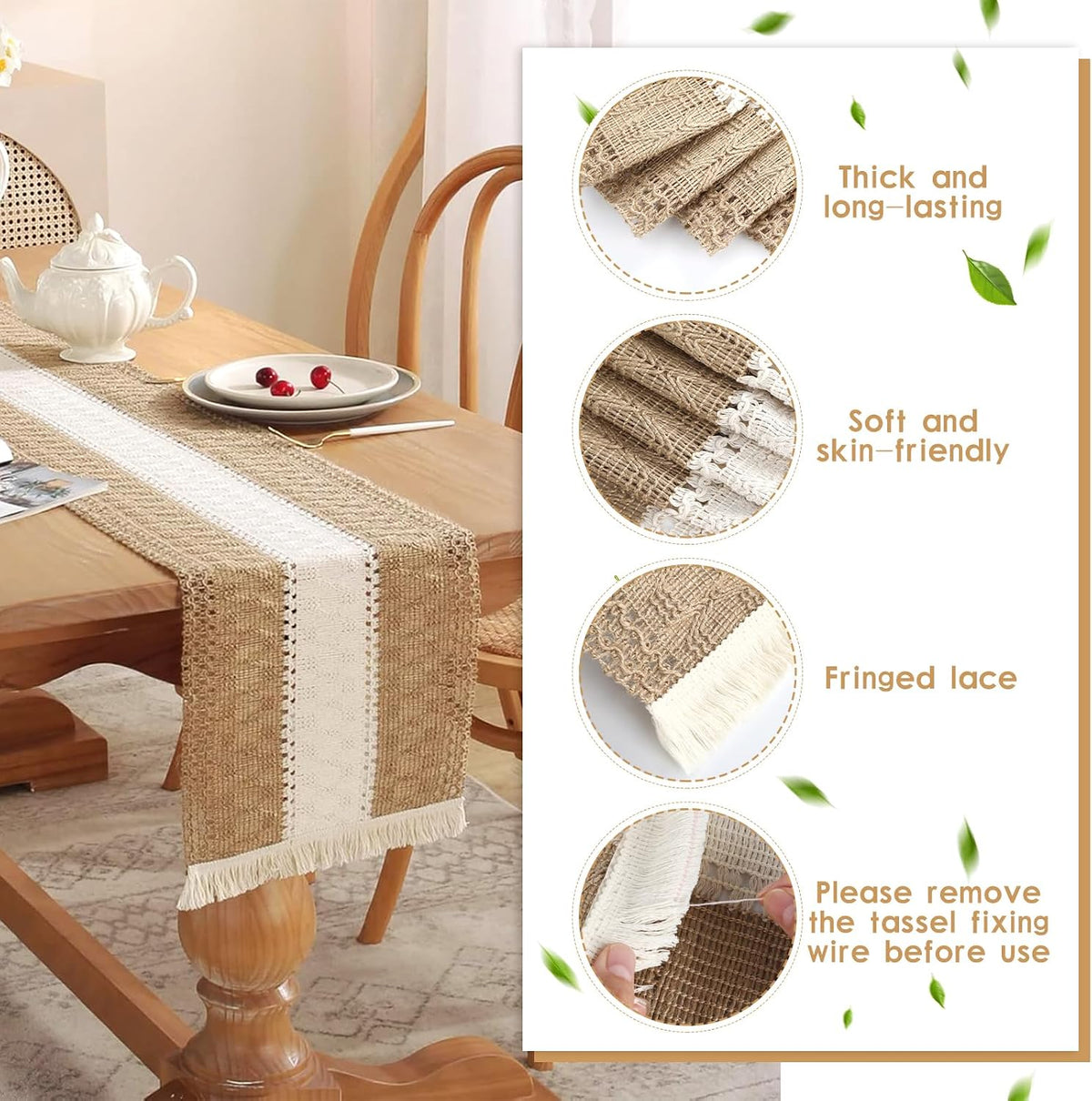 Boho Placemats Set of 6,Table Runner with Matching Round Woven Placemats,Macrame Table Decor Farmhouse Style Natural Burlap Cotton Placemats for Kitchen and Dining Table Centerpiece Home Decorations