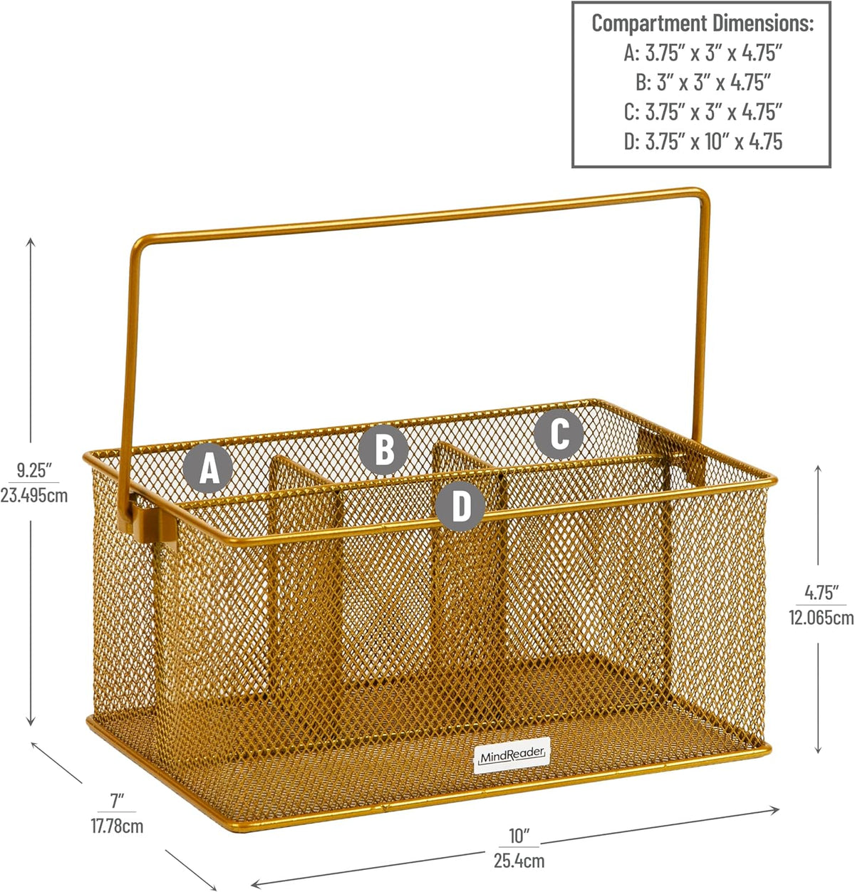 Mind Reader Multi-purpose Storage Caddy with Handle, Desktop Organizer, Cutlery Holder, 4 Compartments, Metal Mesh, Gold