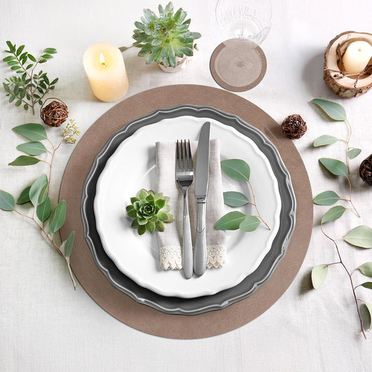 comfoyar Faux Leather Round Placemats with Coasters Set of 6, 13Inch Heat Resistant Dual-Sided Dark Brown Place Mats, Waterproof Washable Wipeable Table Mats for Kitchen Dining Party Table Decoration