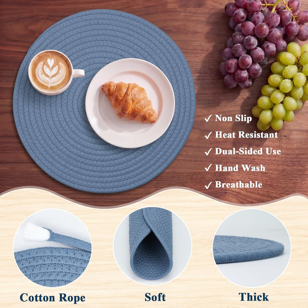 Round Woven Cotton Placemats Set of 4, Thick Braided Rope Table Mats, 13 Inches Non Slip Heat Resistant Place Mats, Farmhouse Boho Circular Hot Pads for Kitchen, Dining Table Decor (Blue 4 pcs)