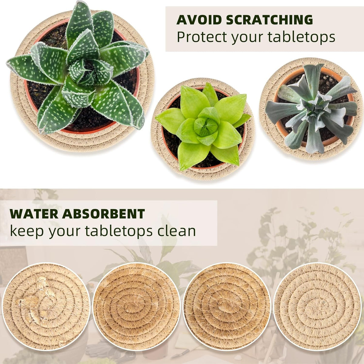 4 PCS Plant Coasters 4 & 7 Inch Woven Plant Saucer Coaster for Gardening Indoor and Outdoor Pots (Khaki)