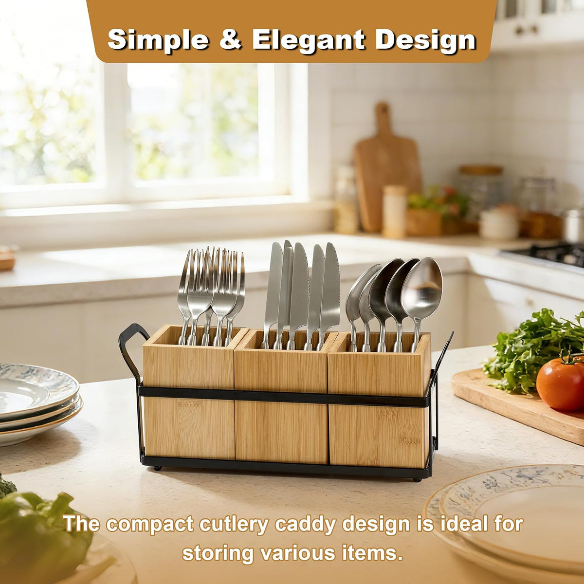 Bamboo Silverware Caddy for Kitchen Countertop, Wooden Utensil Holder