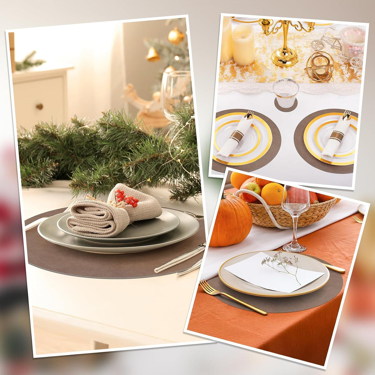 comfoyar Faux Leather Round Placemats with Coasters Set of 6, 13Inch Heat Resistant Dual-Sided Dark Brown Place Mats, Waterproof Washable Wipeable Table Mats for Kitchen Dining Party Table Decoration