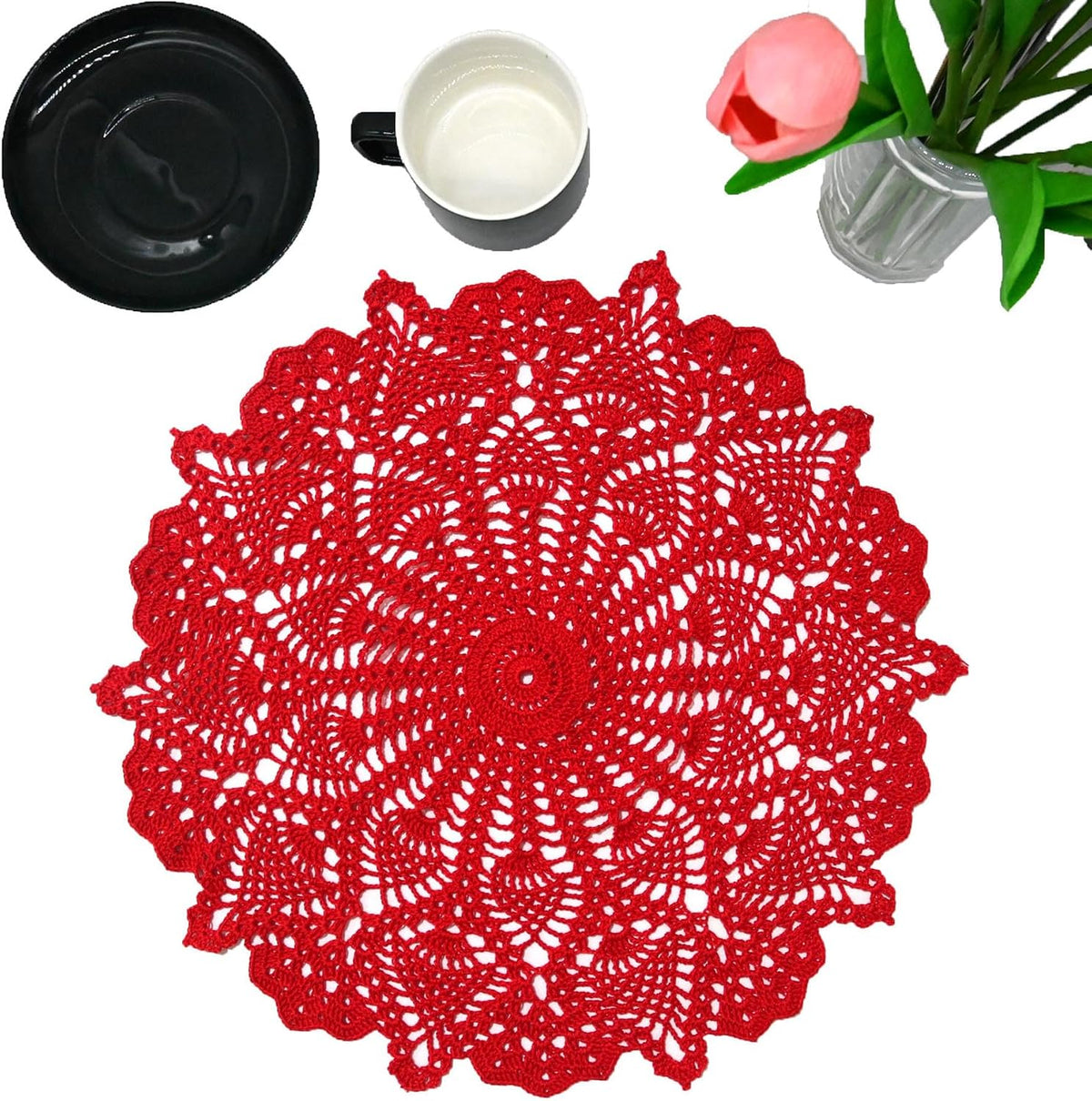 18 in to 20 in Doily Coasters Lace Tablecloth Doilies Handmade Crochet Placemat Women Vase Mat Kitchen Table Runner for Mother's Day Wedding (1PC, Red)