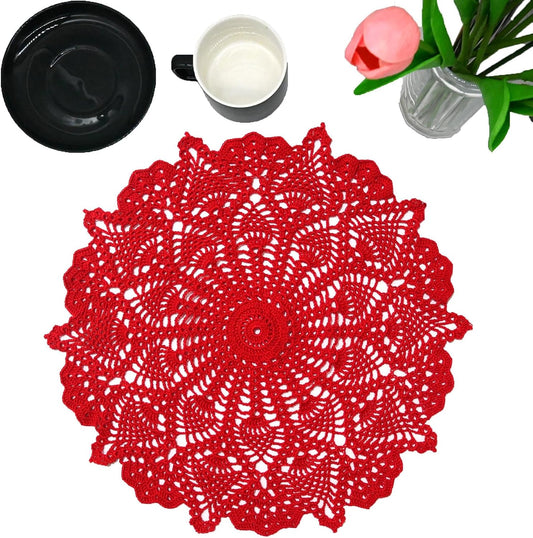 18 in to 20 in Doily Coasters Lace Tablecloth Doilies Handmade Crochet Placemat Women Vase Mat Kitchen Table Runner for Mother's Day Wedding (1PC, Red)