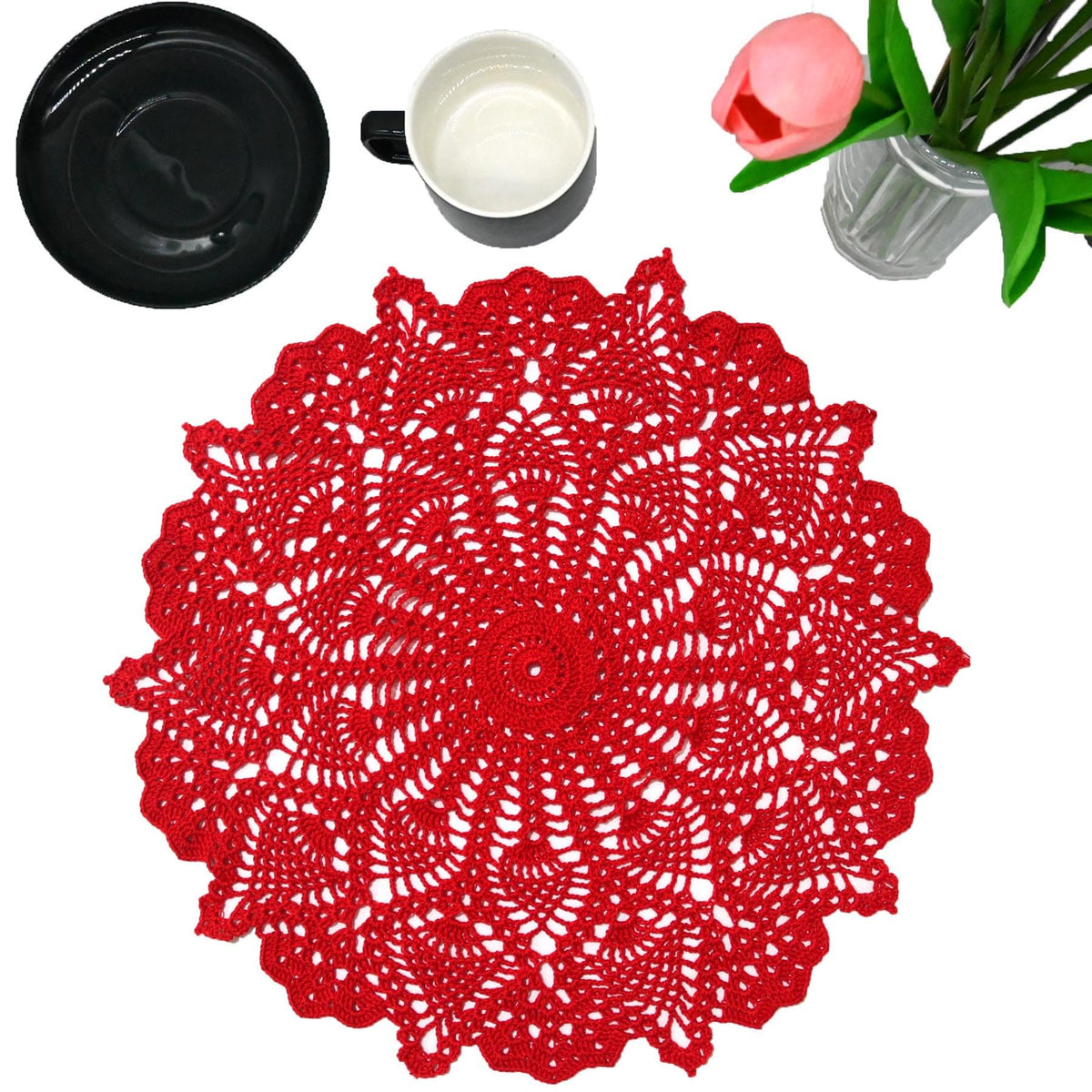 18 in to 20 in Doily Coasters Lace Tablecloth Doilies Handmade Crochet Placemat Women Vase Mat Kitchen Table Runner for Mother's Day Wedding (1PC, Red)