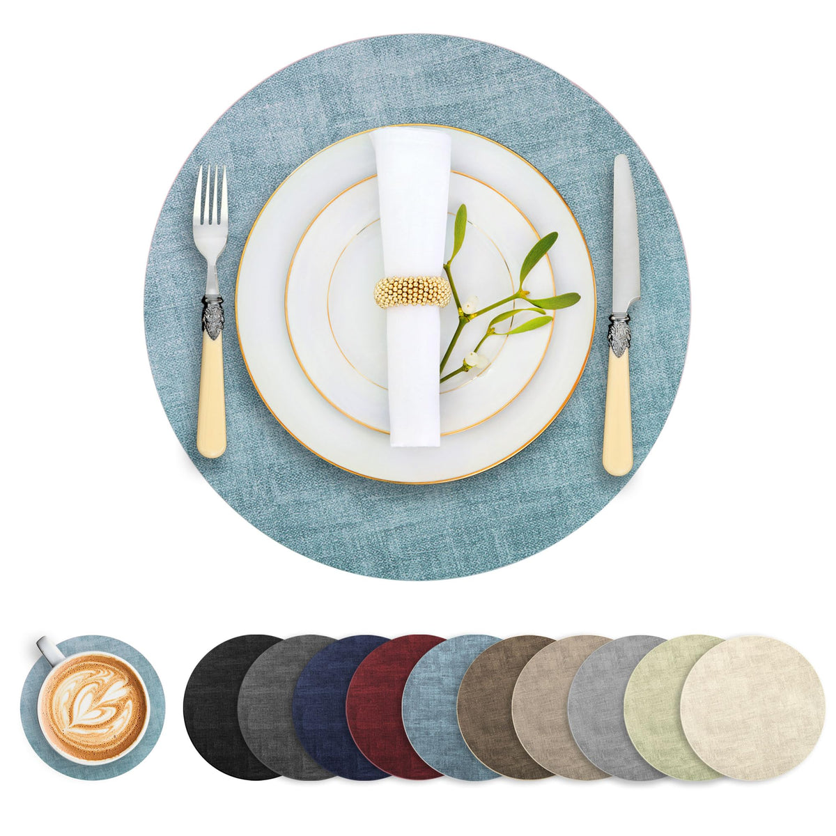 Round Faux Leather Placemats and Coasters, Set of 6, Reversible Heat Resistant Non-Slip Table Mats, Waterproof Wipeable Place Mats for Dining Table, Washable for Indoor & Outdoor (6, Light Brown)