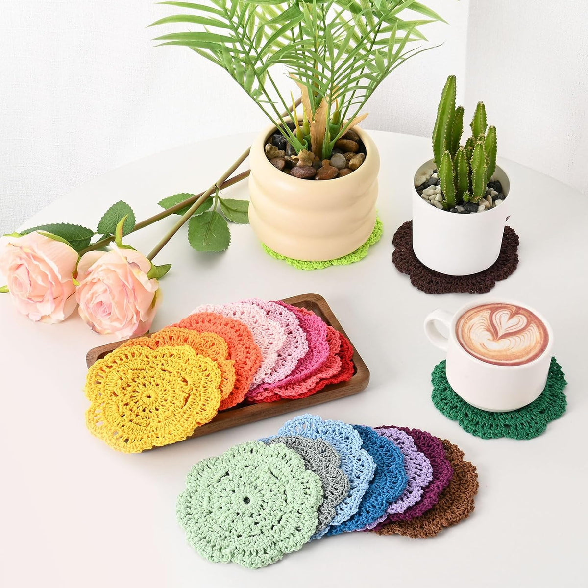 M METERXITY 8pcs Handmade Crochet Coasters 4"/10cm Round Light Pink