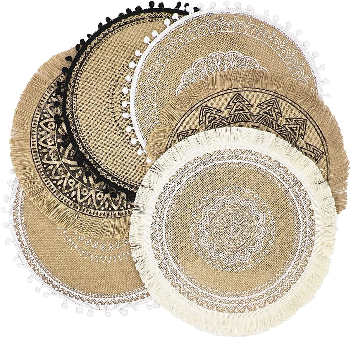 Round Placemats Set of 6, Dining Winter Modern Dinner Braided Beige Boho Round Table and Fall Circle Placemats Boho Tssels Runner Kitchen Table Plate Mats Set of 6 (Colour A)