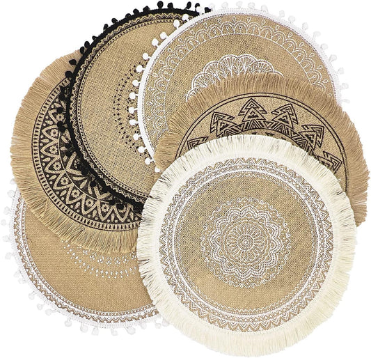 Round Placemats Set of 6, Dining Winter Modern Dinner Braided Beige Boho Round Table and Fall Circle Placemats Boho Tssels Runner Kitchen Table Plate Mats Set of 6 (Colour A)