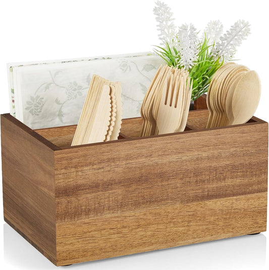 DRASTAR Utensil Caddy, Silverware Caddy for Party, Acacia Wood Silverware Holder, Silverware Organizer Countertop, Cutlery Storage Containers for Kitchen Table